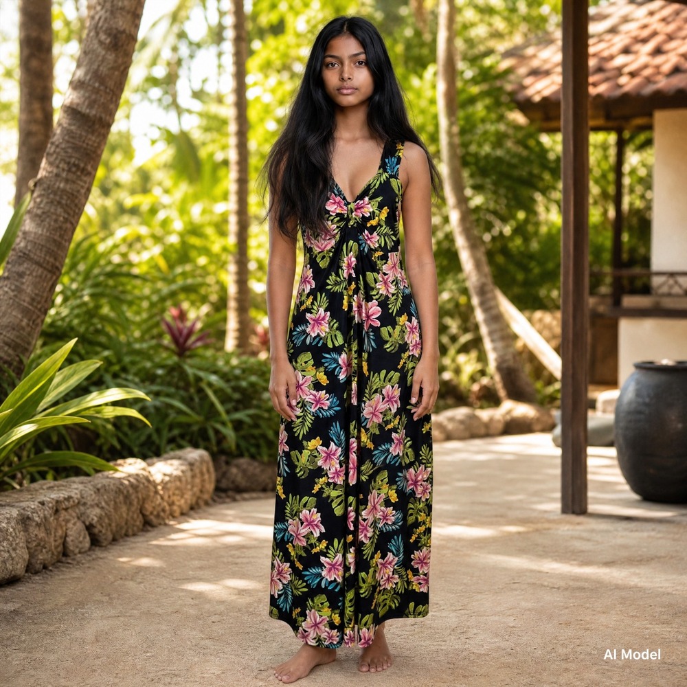 J Apparel Maxi Dress Womens Large Black Tropical Floral Hawaiian Twist Knot d221